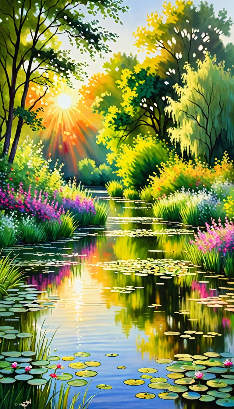 best quality,high-res,ultra-detailed,realistic,landscape,Claude Monet style,vivid colors,impressionistic painting,soft brush strokes,beautifully layered,serene atmosphere,blooming flowers,rippling water,light and shadows,harmony of nature,splashes of sunlight,peaceful countryside,playful use of light,ethereal beauty,subtle color transitions,dappled sunlight,hidden paths,tranquil ponds,golden sunset,lush greenery,reflections on the water,rustling leaves,whispering wind