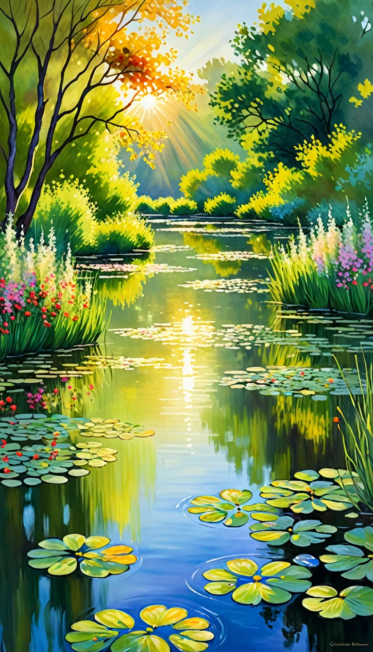 best quality,high-res,ultra-detailed,realistic,landscape,Claude Monet style,vivid colors,impressionistic painting,soft brush strokes,beautifully layered,serene atmosphere,blooming flowers,rippling water,light and shadows,harmony of nature,splashes of sunlight,peaceful countryside,playful use of light,ethereal beauty,subtle color transitions,dappled sunlight,hidden paths,tranquil ponds,golden sunset,lush greenery,reflections on the water,rustling leaves,whispering wind