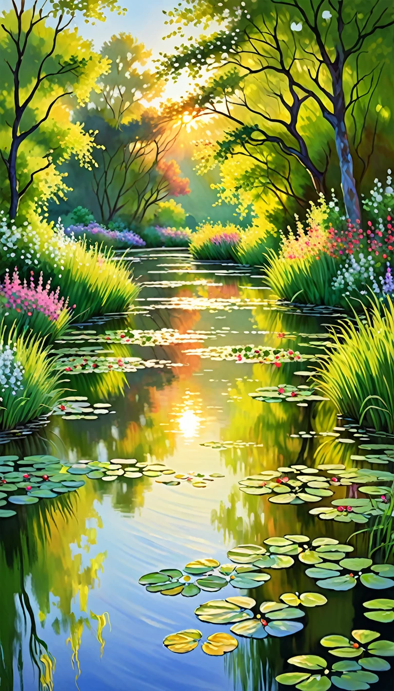 best quality,high-res,ultra-detailed,realistic,landscape,Claude Monet style,vivid colors,impressionistic painting,soft brush strokes,beautifully layered,serene atmosphere,blooming flowers,rippling water,light and shadows,harmony of nature,splashes of sunlight,peaceful countryside,playful use of light,ethereal beauty,subtle color transitions,dappled sunlight,hidden paths,tranquil ponds,golden sunset,lush greenery,reflections on the water,rustling leaves,whispering wind