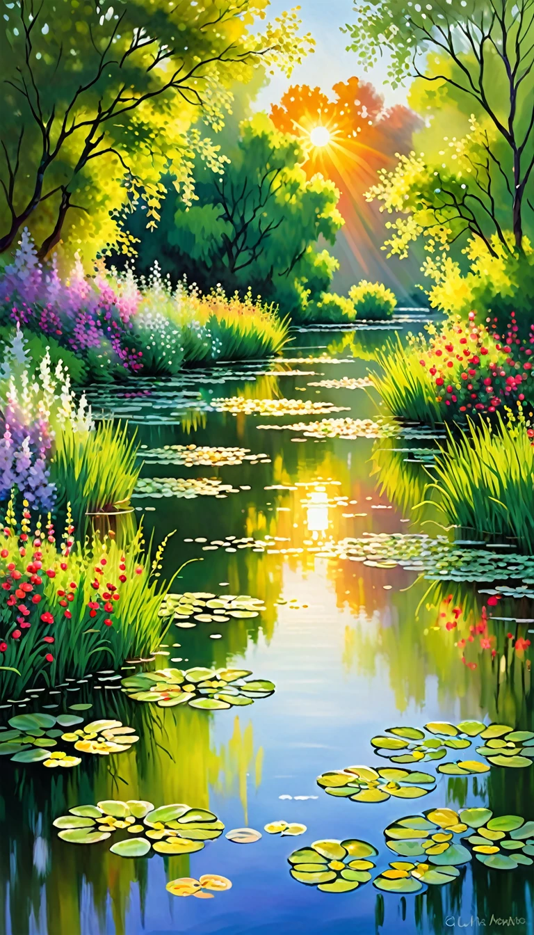 best quality,high-res,ultra-detailed,realistic,landscape,Claude Monet style,vivid colors,impressionistic painting,soft brush strokes,beautifully layered,serene atmosphere,blooming flowers,rippling water,light and shadows,harmony of nature,splashes of sunlight,peaceful countryside,playful use of light,ethereal beauty,subtle color transitions,dappled sunlight,hidden paths,tranquil ponds,golden sunset,lush greenery,reflections on the water,rustling leaves,whispering wind