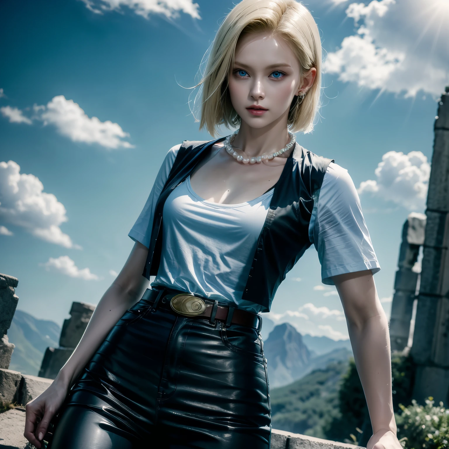 best quality, high-res, and18, 1girl, android 18, solo, blonde hair, blue eyes, belt, green jeans, pearl necklace, bracelets, black gloves, white shirt, short hair, short sleeves, earrings, green leggings, open vest, black vest, medium breasts, cowboy shot, battle ruins, straight-on, mountain view, (weather: rainy), random expresion, combat stance, wide hips, torn, clothes,