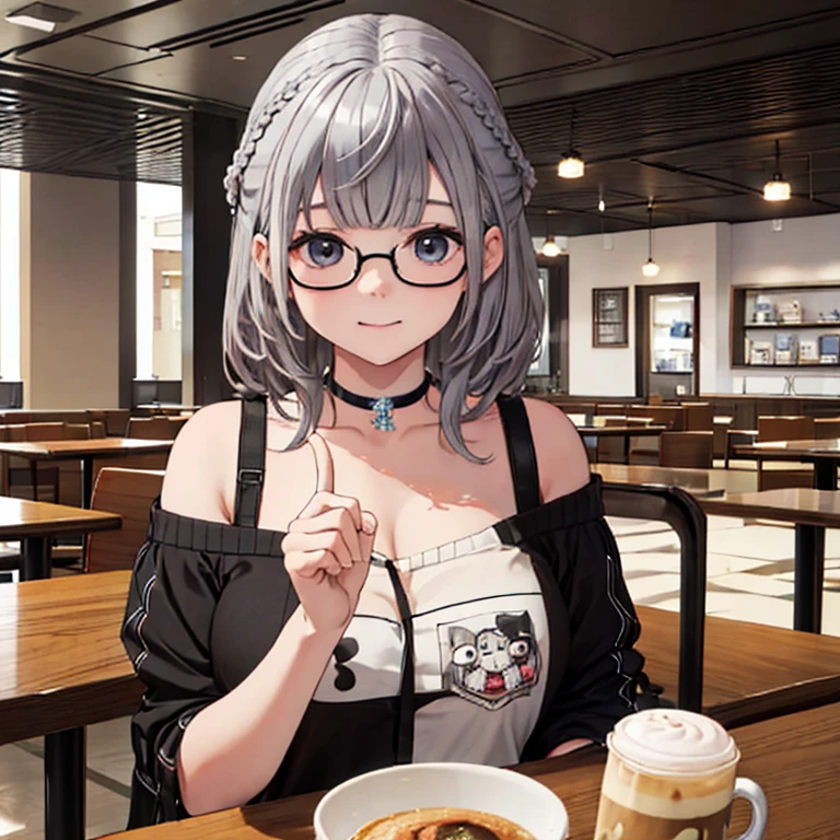 I&#39;m in a lot of trouble、I am going to cry、
highest quality,cute、Confused face、Inside the cafe、Sitting、Perfect Fingers、Big Breasts、3✕3の目、black eye、Gray Hair、