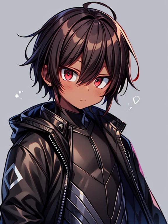 dark skin, male, (((short dark brown hair))), big red eyes and a very androgynous face, wearing a black exoskeleton bodysuit and a long black coat taimanin with sliver accent, black armoured taimanin_suit,