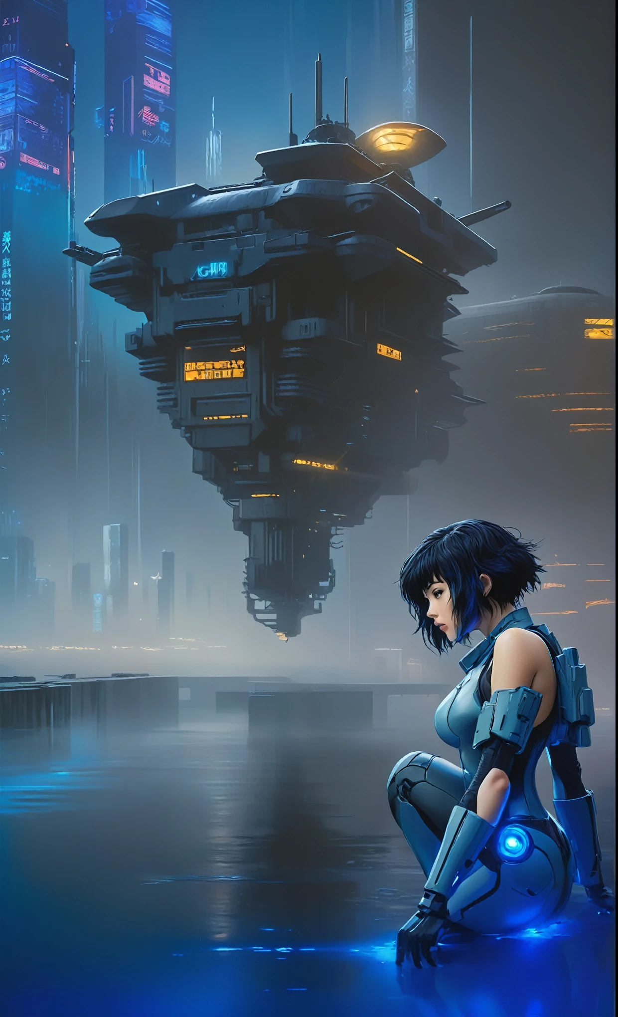 Ghost in the Shell Vol.2, by Luis Duarte, Luis Duarte style, blue and black shading, Neo-Tokyo style, Element Air, Mythpunk, Graphic Interface, Sci-Fic Art, Dark Influence, NijiExpress 3D v3, Kinetic Art, Datanoshing, Oilpainting, Ink v3, Splash style, Abstract Art, Abstract Tech, Cyber Tech Elements, Futuristic, Illustrated v3, Deco Influence, AirBrush style, drawing