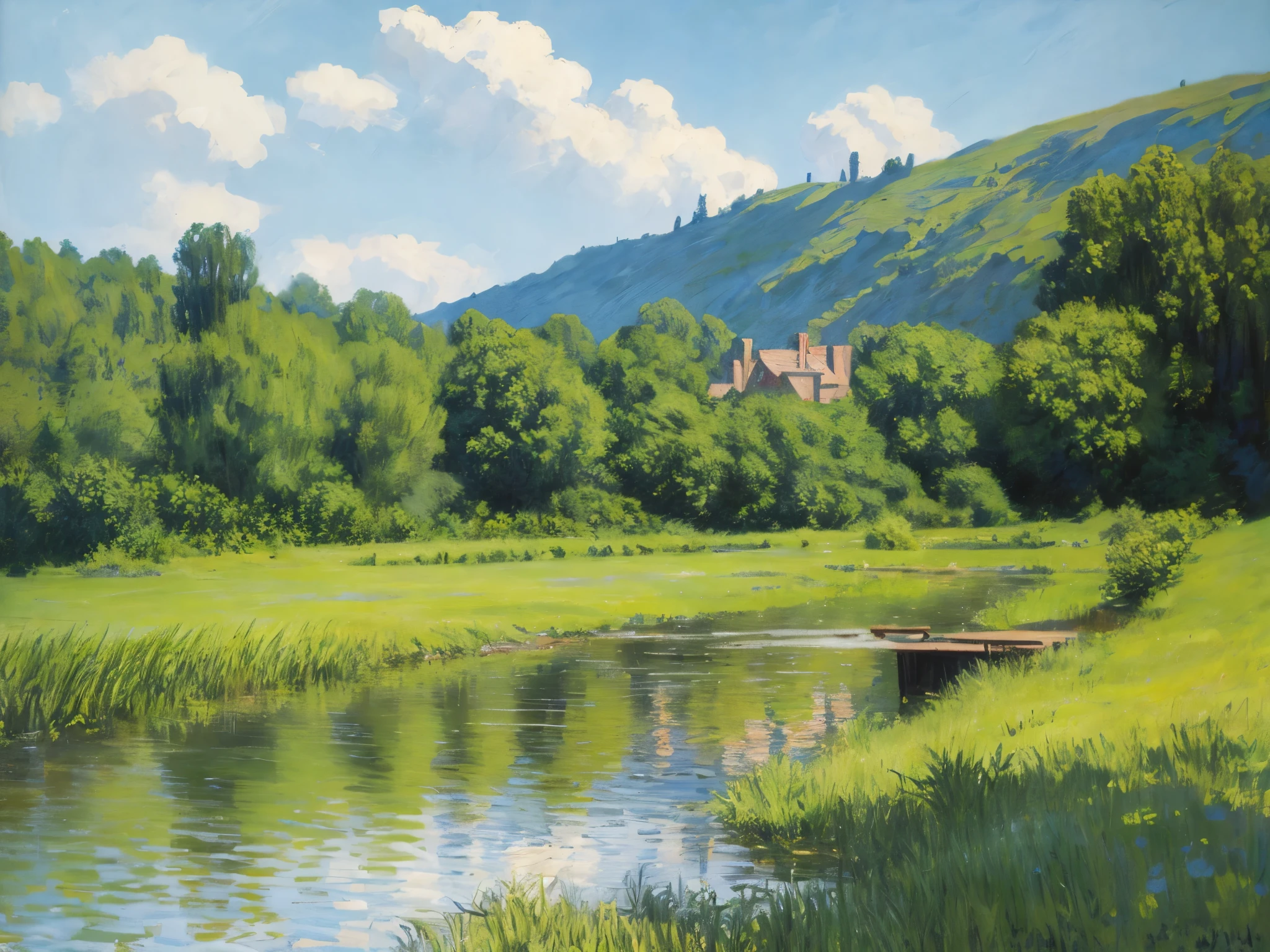 (masterpiece, best quality), best resolution, painting \(medium\), riverbank in summer