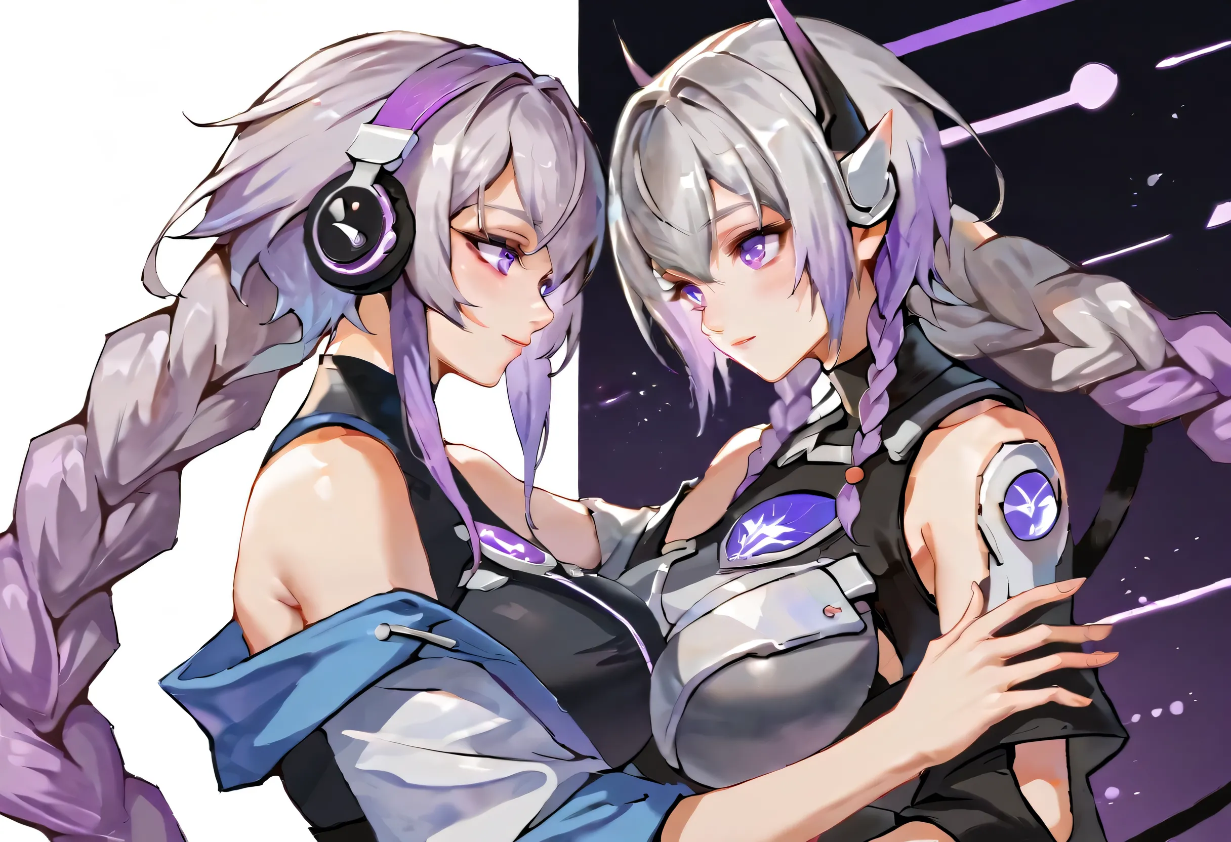 One man and one woman,couple,Gradient hair color,Silver-white metal decoration at the end of the braid,loving expression,Off-shoulder,To the devil,yinji,score_7_up,purple_hair,purple_Eye,Very_long_hair,grey_hair,Braided_Ponytail,Large target_breast,slope_hair,a cute girl and a boy in a Yinji-style garden, surrounded by vibrant flowers and lush greenery. The girl has beautiful detailed eyes and lips, with long eyelashes and a sweet smile. The boy is holding her hand affectionately, their faces filled with happiness and love. The garden is filled with the fragrance of blooming flowers, and the sunlight filters through the leaves, creating a warm and magical atmosphere. The scene is captured in a high-quality, ultra-detailed medium, resembling a vivid painting or a professional photograph. The colors are vibrant and dreamy, with a touch of pastel tones to enhance the overall artistic feel. The lighting is soft and gentle, casting a warm glow on the couple, highlighting their romantic connection.