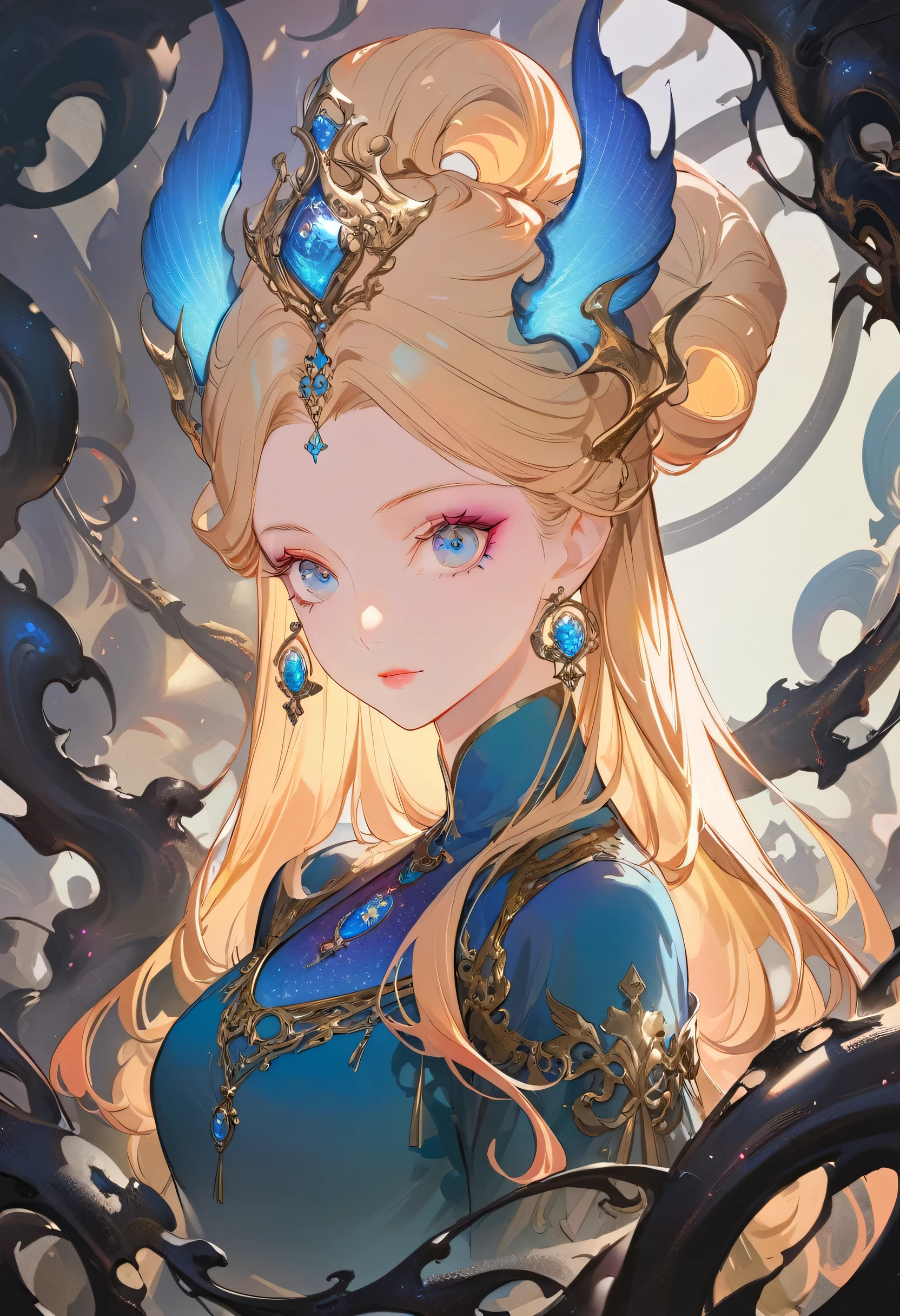 Exquisite makeup,Beautiful portrait of queen, Blonde Hair, Perfect blue eyes, brilliant,Rococo, Baroque,Surrealism, close up, D&D, fantasy, Wheels within wheels, elegant, Very detailed, number, Octane Rendering, 8K, concept art, matte, Clear focus