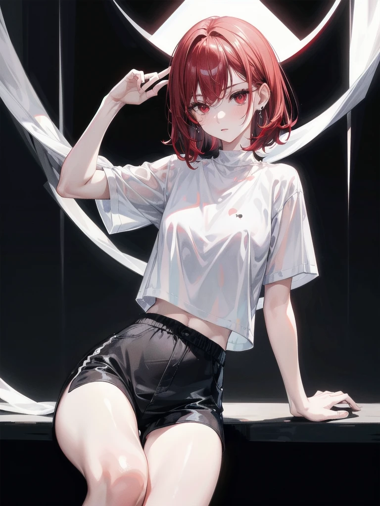 white t-shirt, black shorts, absurdres, RAW photo, extremely delicate and beautiful, masterpiece, Best Quality, ultra high resolution, 32k, hyperrealistic, ultra-detailed, detailed description, pale skin, 20 years old, tearful mole, earring, short medium hair, wavy hair, whole body shot, legs, Redhead, Red eyes, 