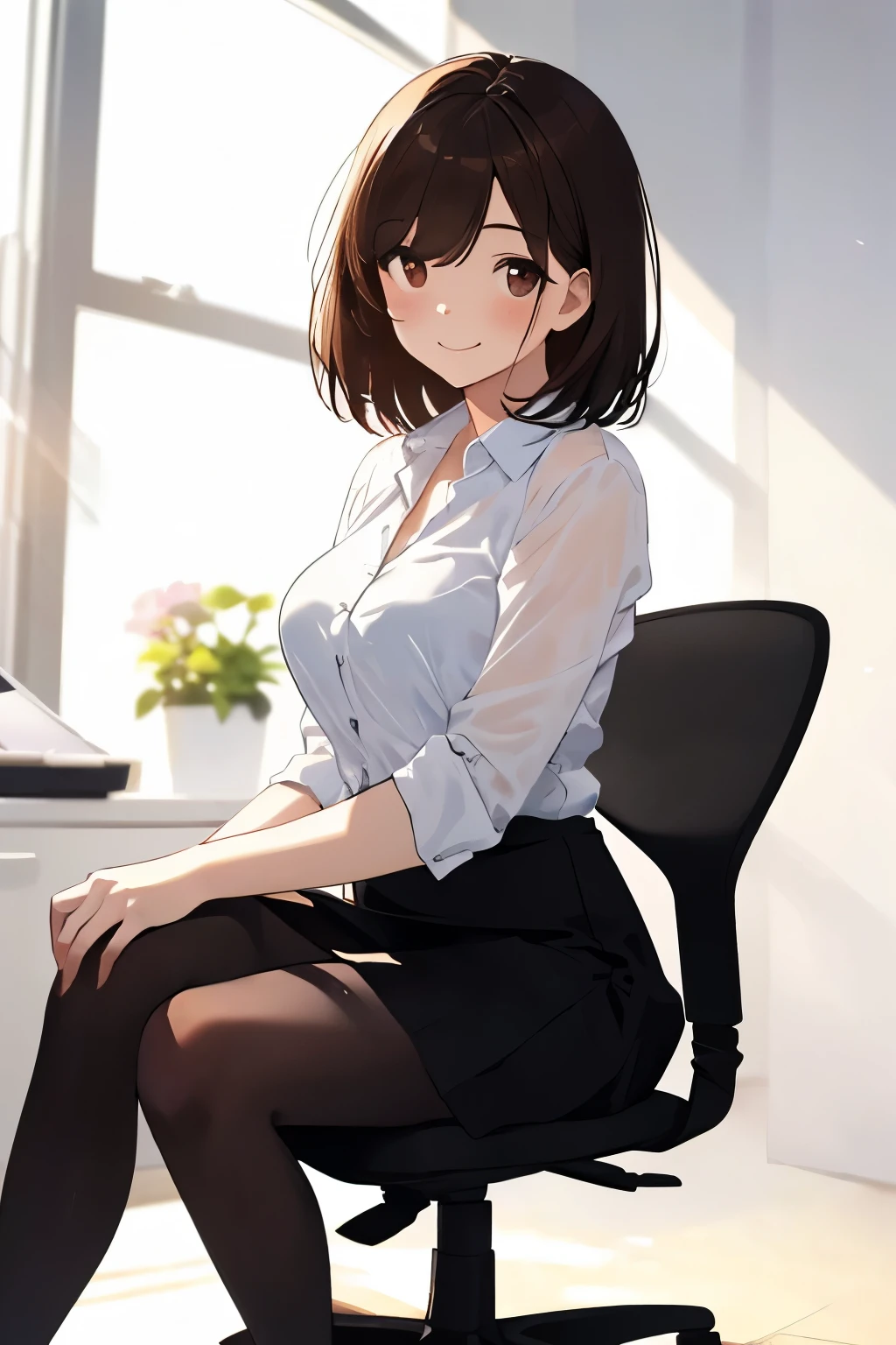 best quality, masterpiece, solo, 1 Female、Age 25、Larger breasts、(Slender figure)、From the side、(sitting in an office chair)、office lady、Poses that emphasize the chest、Sheer white shirt、skirt、tights、(White highlight in pupil:1.2)、Dark reddish brown eyes、(Black-haired:1.2)、(Medium Hair)、(View your viewers:1.2)、White skin、(blush)、(A shy smile)、(A sad expression)、(I blur the background a lot to make the woman stand out.:1.3)、(The sunlight shines in)、Beautiful flowers in the background