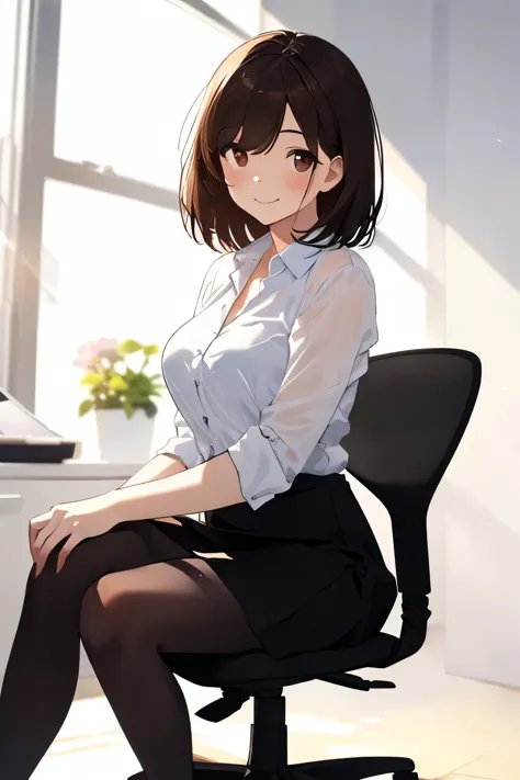 best quality, masterpiece, solo, 1 Female、Age 25、Larger breasts、(Slender figure)、From the side、(sitting in an office chair)、offi...
