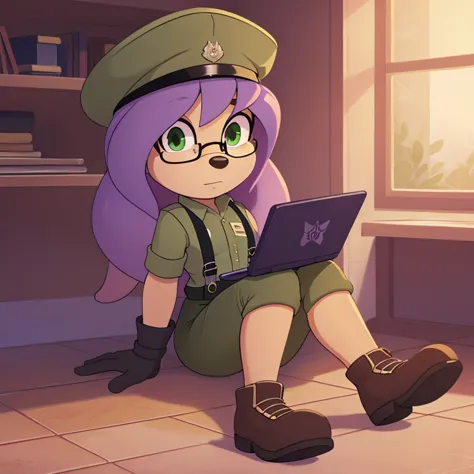 Squid mobian, 1girl, amethyst hair, tentacle hair, green eyes, military outfit, green clothes, sergeant hat, tactical gloves, su...