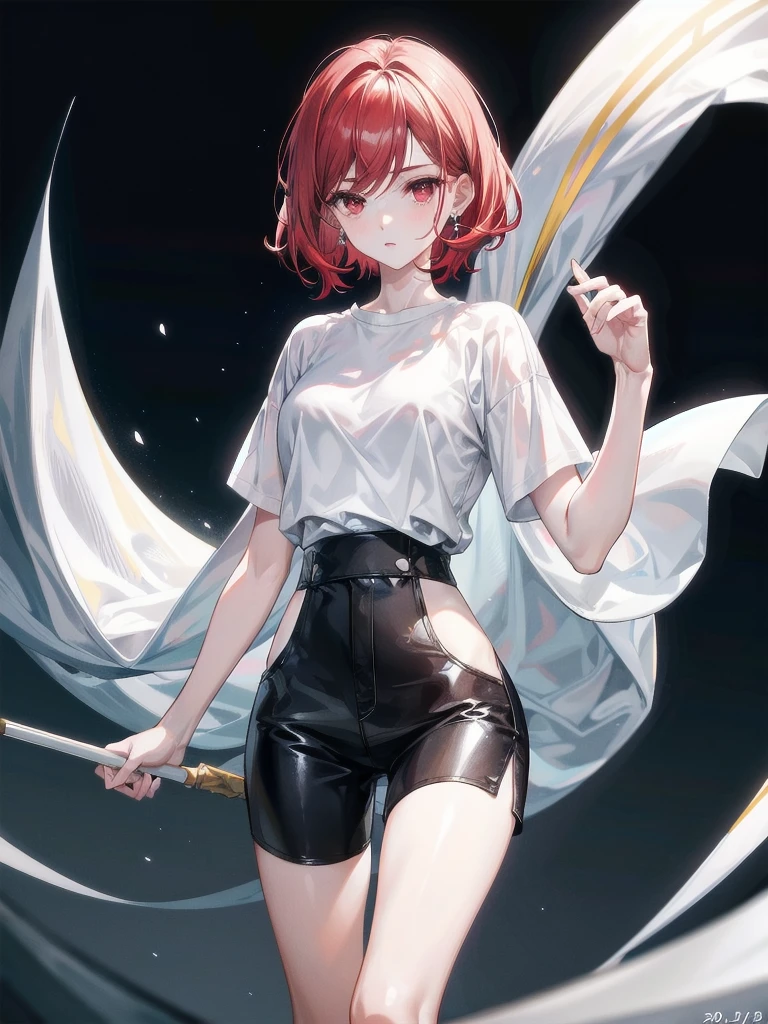white t-shirt, long pants, black shorts, absurdres, RAW photo, extremely delicate and beautiful, masterpiece, Best Quality, ultra high resolution, 32k, hyperrealistic, ultra-detailed, detailed description, pale skin, 20 years old, tearful mole, earring, short medium hair, wavy hair, whole body shot, legs, Redhead, Red eyes, 