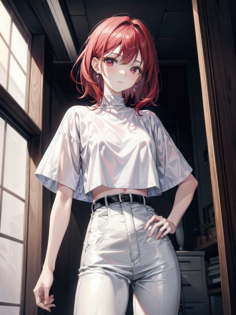 white t-shirt, long pants, black shorts, absurdres, RAW photo, extremely delicate and beautiful, masterpiece, Best Quality, ultra high resolution, 32k, hyperrealistic, ultra-detailed, detailed description, pale skin, 20 years old, tearful mole, earring, short medium hair, wavy hair, whole body shot, legs, Redhead, Red eyes, 