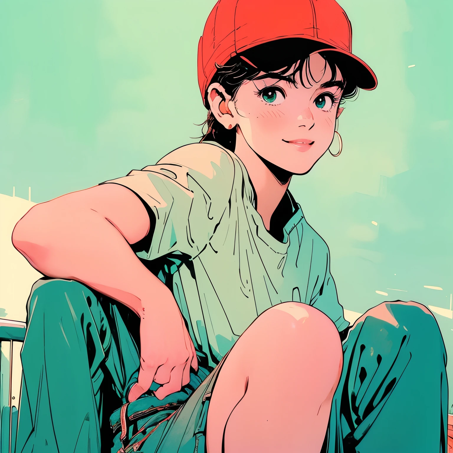 whole body, Upper Body、A beautiful and good looking woman, 4k, Warm colors , Short sleeve whiteＴshirt, Coin laundry、hat(cap)Wearing、Bite Pose、smile、Green Eyes