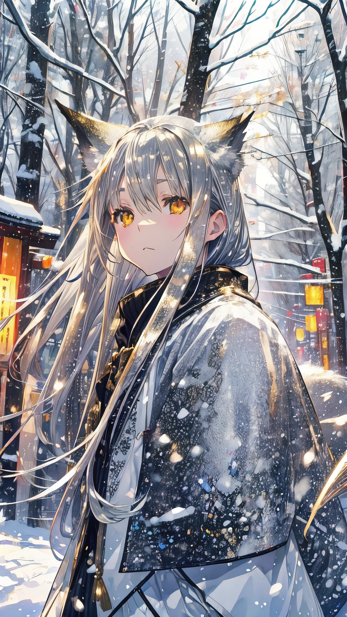 Un mundo de ensueño、luz pálida、(Brillantes ojos dorados) cara de bebe、14 años de edad、((((chica zorro plateado))))、fondo、 Nieve en Kamakura Nakano