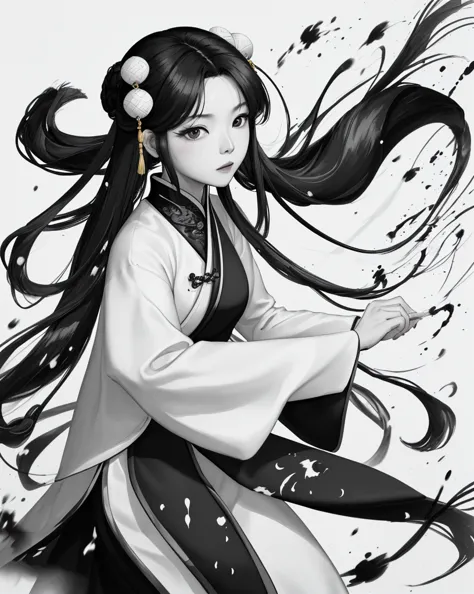 zydink, monochrome, ink sketch, asian (middle age woman), fighting stance, looking at viewer, long hair, floating hair, hanfu, c...