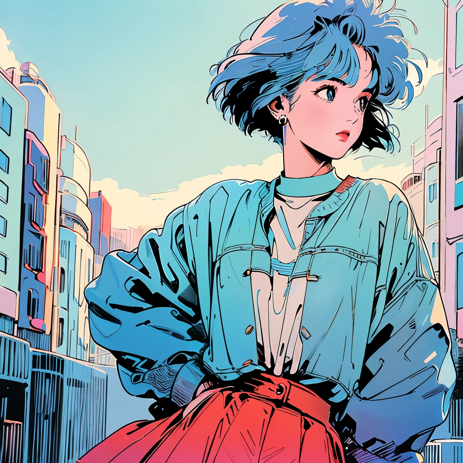 whole body, Upper Body、One beautiful woman, 4k, Warm colors , White blouse、skirt,In the city、Retro building street、Complex background、Short light blue hair