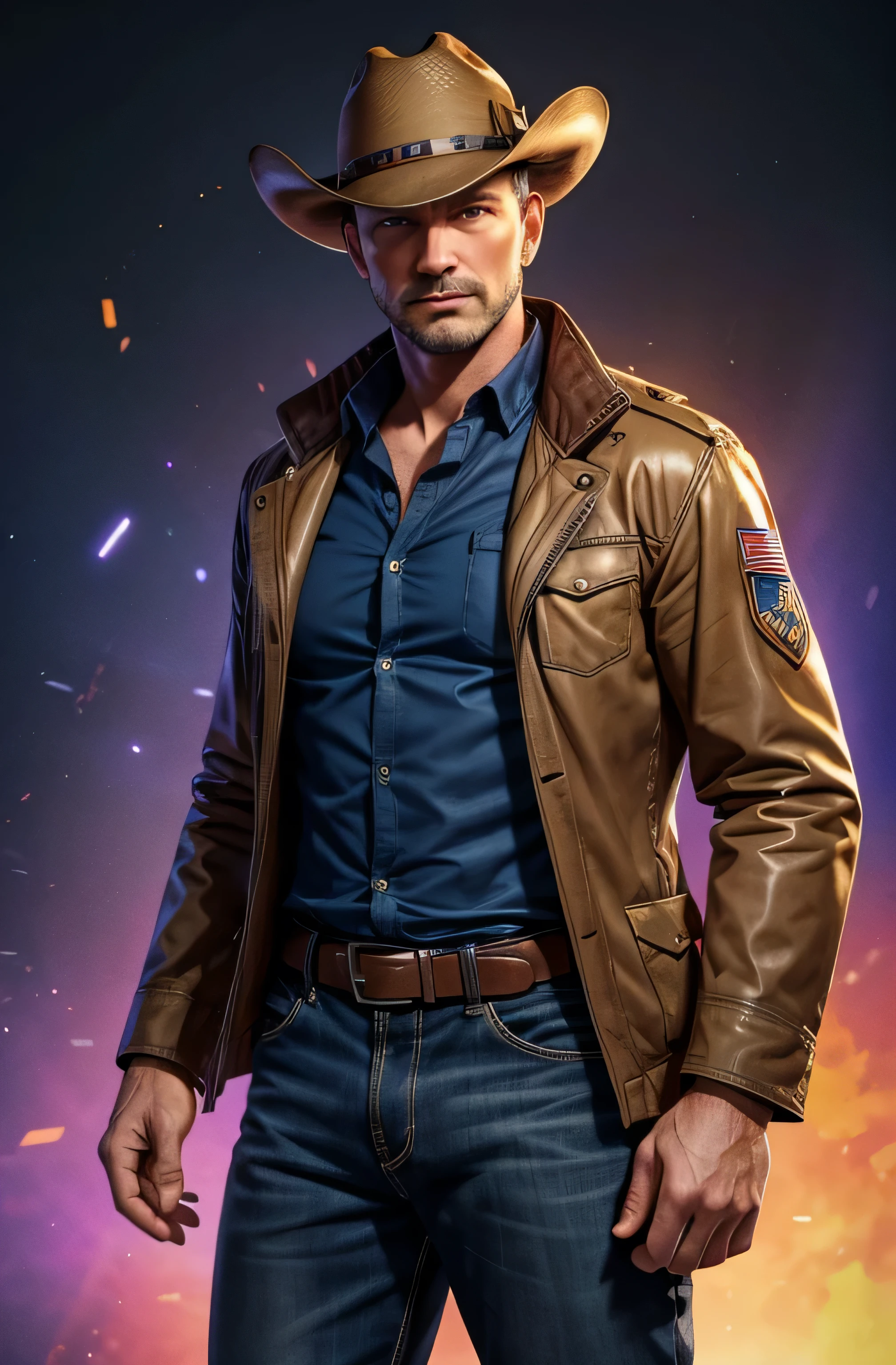 Bryan Mills is a CIA officer, detailed representation of the face, detailed colorful background, light aura, best image, high resolution, half body shot, facing the viewers, colorful background, half body shot, full body shot, cowboy shot