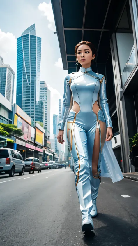 beautiful female movie star, dressed in futuristic attire from the year 3000, walking through the heart of thailand's business d...