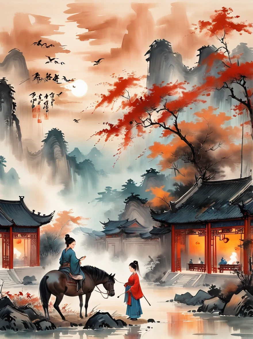 (chinese pintura a tinta style:1.2), (Obra de arte, qualidade máxima, melhor qualidade, arte oficial, bonito e estético:1.2), An pintura a tinta of a battlefield at dusk in the Song Dynasty is full of oriental freehand aesthetic elements, No final do outono, folhas mortas estão voando por todo o céu, Uma linda mulher fica sozinha no campo de batalha ao entardecer. Suas costas estão desoladas e cheias de solidão, Atrás da garota está apoiada em um cavalo magro, O pano de fundo é o campo de batalha do pós-guerra, O tom deve ser uma mistura de tons quentes de terra nas pinturas tradicionais orientais, e A cor vermelha profunda do pôr do sol simboliza a crueldade da guerra, estilo chinês antigo, pintura a tinta, (papel de parede:1.2)