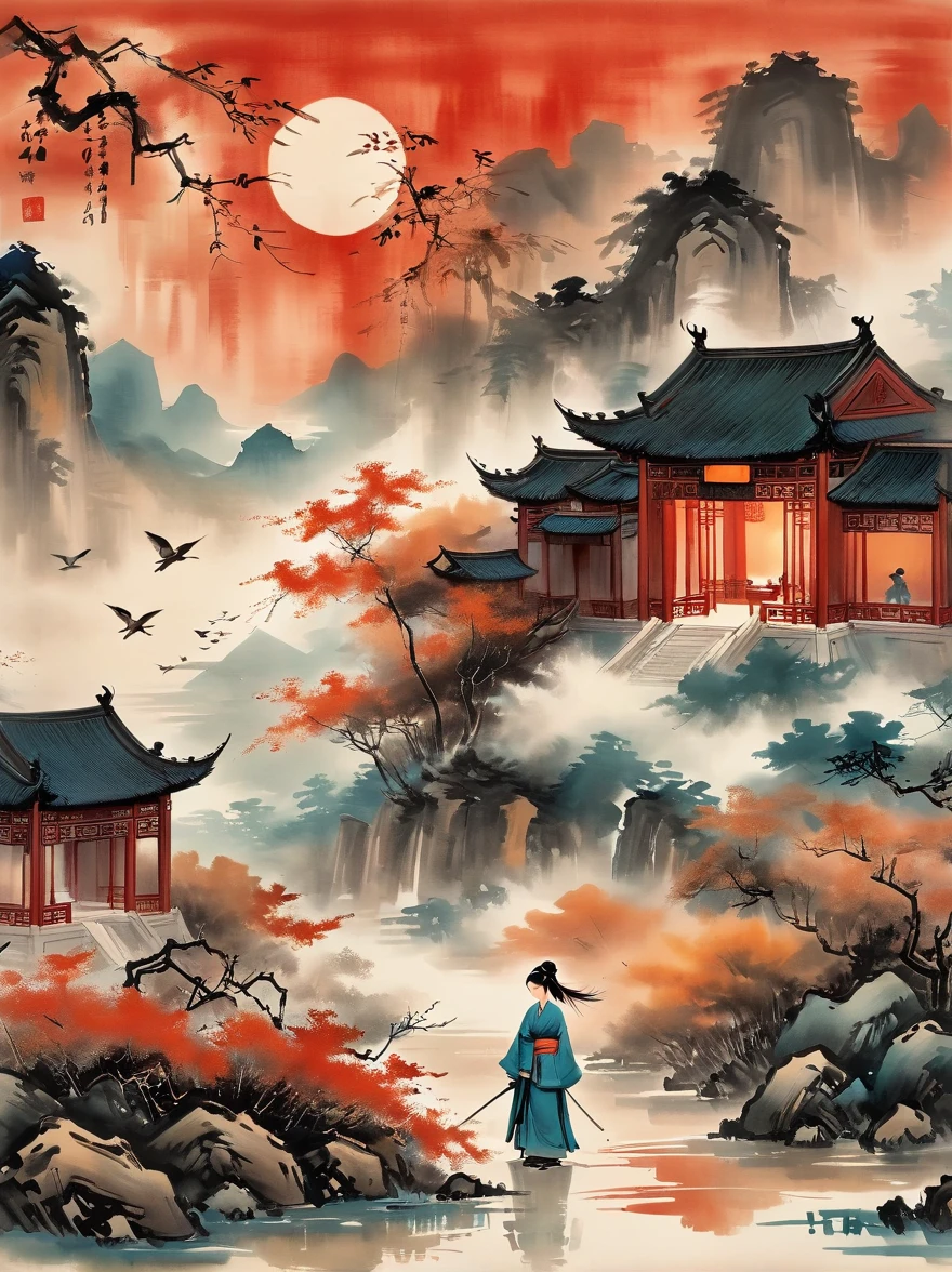 (chinese ink painting style:1.2), (masterpiece, top quality, best quality, official art, beautiful and aesthetic:1.2), An ink painting of a battlefield at dusk in the Song Dynasty is full of oriental freehand aesthetic elements, In late autumn, dead leaves are flying all over the sky, A beautiful woman stands alone on the battlefield at dusk. Her back is desolate and full of loneliness, Behind the girl is leaning on a thin horse, The background is the post-war battlefield, The tone should be a mixture of warm earth tones in traditional Eastern paintings, and The deep red color of the sunset symbolizes the cruelty of war, ancient Chinese style, ink painting, (wallpaper:1.2)