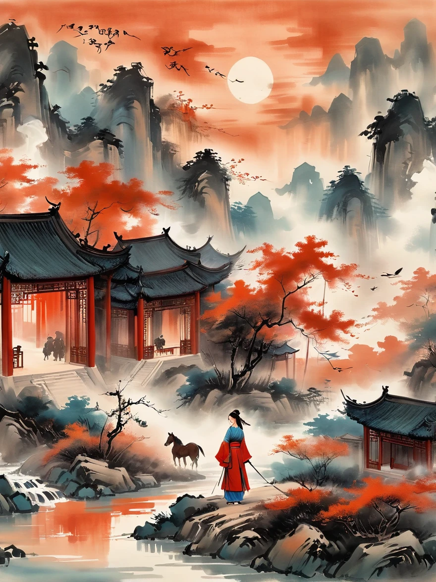 (chinese ink painting style:1.2), (masterpiece, top quality, best quality, official art, beautiful and aesthetic:1.2), An ink painting of a battlefield at dusk in the Song Dynasty is full of oriental freehand aesthetic elements, In late autumn, dead leaves are flying all over the sky, A beautiful woman stands alone on the battlefield at dusk. Her back is desolate and full of loneliness, Behind the girl is leaning on a thin horse, The background is the post-war battlefield, The tone should be a mixture of warm earth tones in traditional Eastern paintings, and The deep red color of the sunset symbolizes the cruelty of war, ancient Chinese style, ink painting, (wallpaper:1.2)