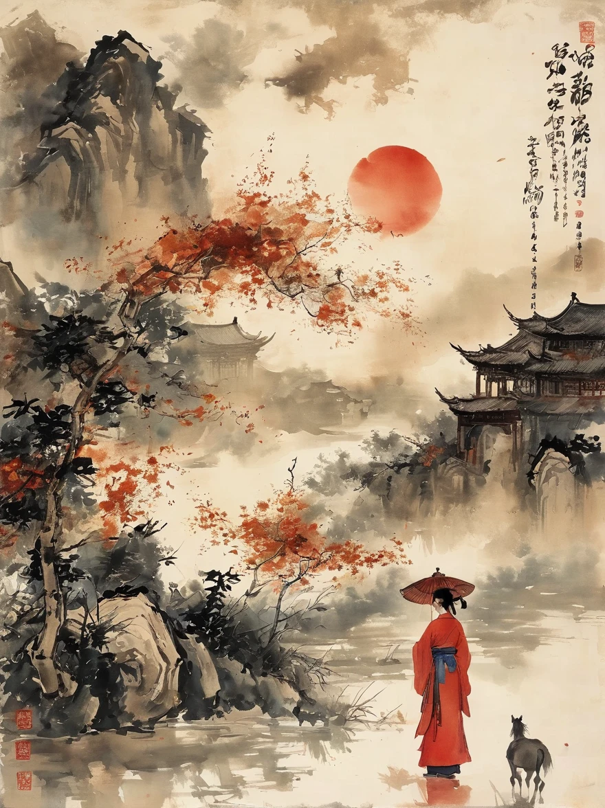 (chinese ink painting style:1.2), (masterpiece, top quality, best quality, official art, beautiful and aesthetic:1.2), An ink painting of a battlefield at dusk in the Song Dynasty is full of oriental freehand aesthetic elements, In late autumn, dead leaves are flying all over the sky, A beautiful woman stands alone on the battlefield at dusk. Her back is desolate and full of loneliness, Behind the girl is leaning on a thin horse, The background is the post-war battlefield, The tone should be a mixture of warm earth tones in traditional Eastern paintings, and The deep red color of the sunset symbolizes the cruelty of war, ancient Chinese style, ink painting, (wallpaper:1.2)