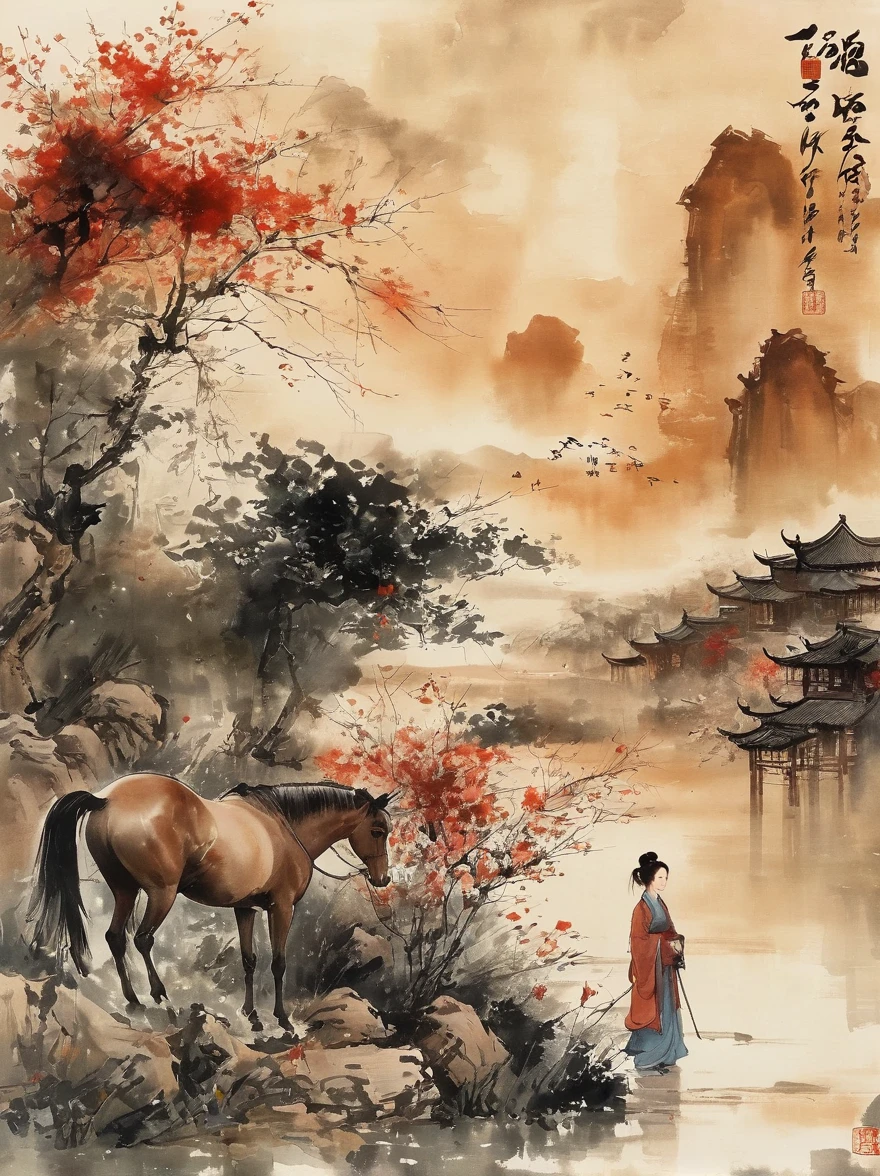 (chinese ink painting style:1.2), (masterpiece, top quality, best quality, official art, beautiful and aesthetic:1.2), An ink painting of a battlefield at dusk in the Song Dynasty is full of oriental freehand aesthetic elements, In late autumn, dead leaves are flying all over the sky, A beautiful woman stands alone on the battlefield at dusk. Her back is desolate and full of loneliness, Behind the girl is leaning on a thin horse, The background is the post-war battlefield, The tone should be a mixture of warm earth tones in traditional Eastern paintings, and The deep red color of the sunset symbolizes the cruelty of war, ancient Chinese style, ink painting, (wallpaper:1.2)