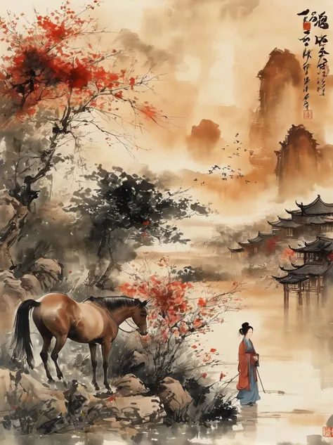 (chinese ink painting style:1.2), (masterpiece, top quality, best quality, official art, beautiful and aesthetic:1.2), An ink pa...