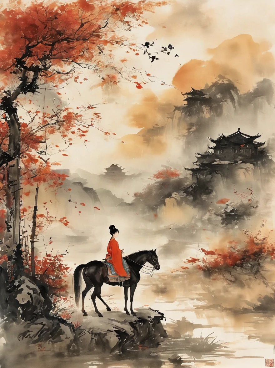 (chinese ink painting style:1.2), (masterpiece, top quality, best quality, official art, beautiful and aesthetic:1.2), An ink painting of a battlefield at dusk in the Song Dynasty is full of oriental freehand aesthetic elements, In late autumn, dead leaves are flying all over the sky, A beautiful woman stands alone on the battlefield at dusk. Her back is desolate and full of loneliness, Behind the girl is leaning on a thin horse, The background is the post-war battlefield, The tone should be a mixture of warm earth tones in traditional Eastern paintings, and The deep red color of the sunset symbolizes the cruelty of war, ancient Chinese style, ink painting, (wallpaper:1.2)