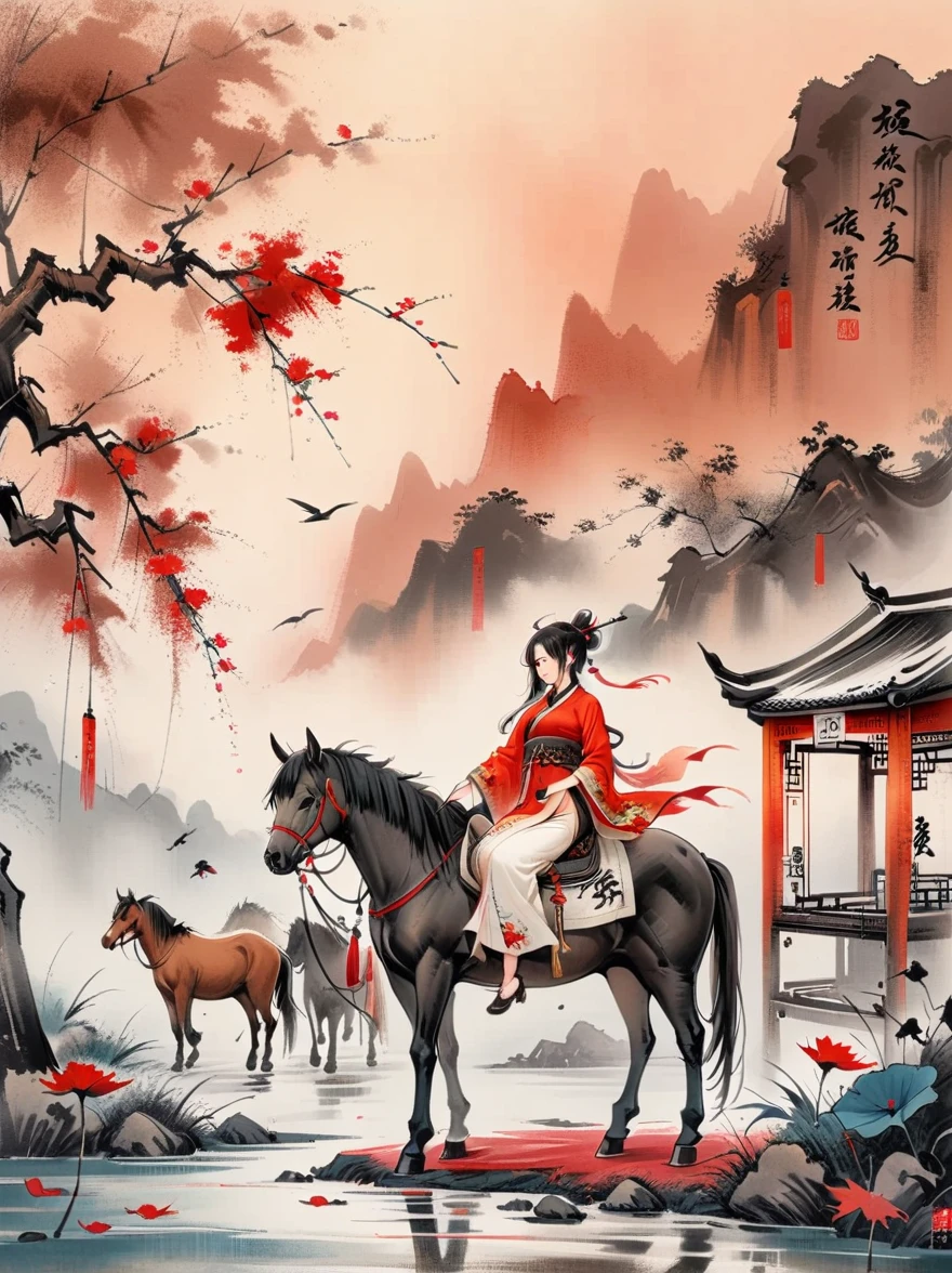 (chinese ภาพวาดหมึก style:1.2), (ผลงานชิ้นเอก, คุณภาพสูงสุด, คุณภาพดีที่สุด, ศิลปะอย่างเป็นทางการ, สวยงามและสวยงาม:1.2), An ภาพวาดหมึก of a battlefield at dusk in the Song Dynasty is full of oriental freehand aesthetic elements, ในช่วงปลายฤดูใบไม้ร่วง, ใบไม้ที่ตายแล้วปลิวไปทั่วท้องฟ้า, หญิงสาวสวยยืนอยู่คนเดียวในสนามรบยามพลบค่ำ. แผ่นหลังของเธออ้างว้างและเต็มไปด้วยความเหงา, ด้านหลังหญิงสาวกำลังพิงม้าตัวผอมอยู่, ฉากหลังเป็นสนามรบหลังสงคราม, โทนสีควรเป็นส่วนผสมของสีเอิร์ธโทนอบอุ่นในภาพวาดตะวันออกแบบดั้งเดิม, และสีแดงเข้มของพระอาทิตย์ตกดินเป็นสัญลักษณ์ของความโหดร้ายของสงคราม, สไตล์จีนโบราณ, ภาพวาดหมึก, (วอลล์เปเปอร์:1.2)