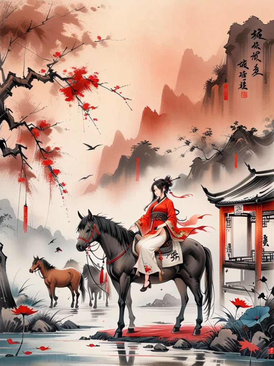 (chinese ink painting style:1.2), (masterpiece, top quality, best quality, official art, beautiful and aesthetic:1.2), An ink painting of a battlefield at dusk in the Song Dynasty is full of oriental freehand aesthetic elements, In late autumn, dead leaves are flying all over the sky, A beautiful woman stands alone on the battlefield at dusk. Her back is desolate and full of loneliness, Behind the girl is leaning on a thin horse, The background is the post-war battlefield, The tone should be a mixture of warm earth tones in traditional Eastern paintings, and The deep red color of the sunset symbolizes the cruelty of war, ancient Chinese style, ink painting, (wallpaper:1.2)