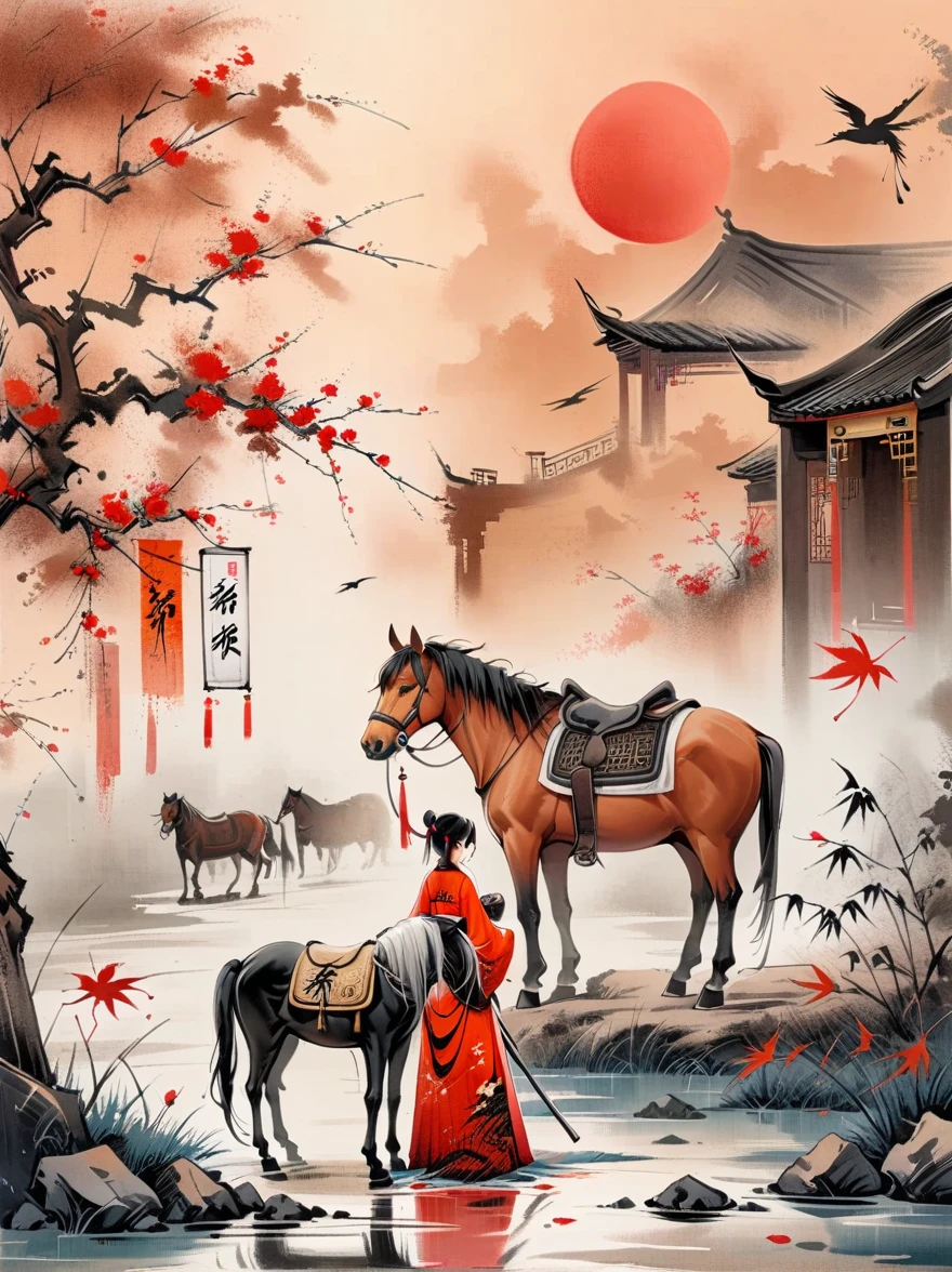 (chinese ink painting style:1.2), (masterpiece, top quality, best quality, official art, beautiful and aesthetic:1.2), An ink painting of a battlefield at dusk in the Song Dynasty is full of oriental freehand aesthetic elements, In late autumn, dead leaves are flying all over the sky, A beautiful woman stands alone on the battlefield at dusk. Her back is desolate and full of loneliness, Behind the girl is leaning on a thin horse, The background is the post-war battlefield, The tone should be a mixture of warm earth tones in traditional Eastern paintings, and The deep red color of the sunset symbolizes the cruelty of war, ancient Chinese style, ink painting, (wallpaper:1.2)