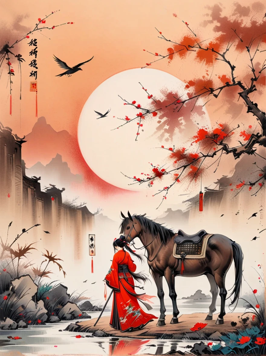 (chinese ink painting style:1.2), (masterpiece, top quality, best quality, official art, beautiful and aesthetic:1.2), An ink painting of a battlefield at dusk in the Song Dynasty is full of oriental freehand aesthetic elements, In late autumn, dead leaves are flying all over the sky, A beautiful woman stands alone on the battlefield at dusk. Her back is desolate and full of loneliness, Behind the girl is leaning on a thin horse, The background is the post-war battlefield, The tone should be a mixture of warm earth tones in traditional Eastern paintings, and The deep red color of the sunset symbolizes the cruelty of war, ancient Chinese style, ink painting, (wallpaper:1.2)