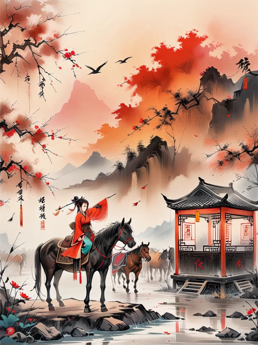 (chinese ink painting style:1.2), (masterpiece, top quality, best quality, official art, beautiful and aesthetic:1.2), An ink painting of a battlefield at dusk in the Song Dynasty is full of oriental freehand aesthetic elements, In late autumn, dead leaves are flying all over the sky, A beautiful woman stands alone on the battlefield at dusk. Her back is desolate and full of loneliness, Behind the girl is leaning on a thin horse, The background is the post-war battlefield, The tone should be a mixture of warm earth tones in traditional Eastern paintings, and The deep red color of the sunset symbolizes the cruelty of war, ancient Chinese style, ink painting, (wallpaper:1.2)