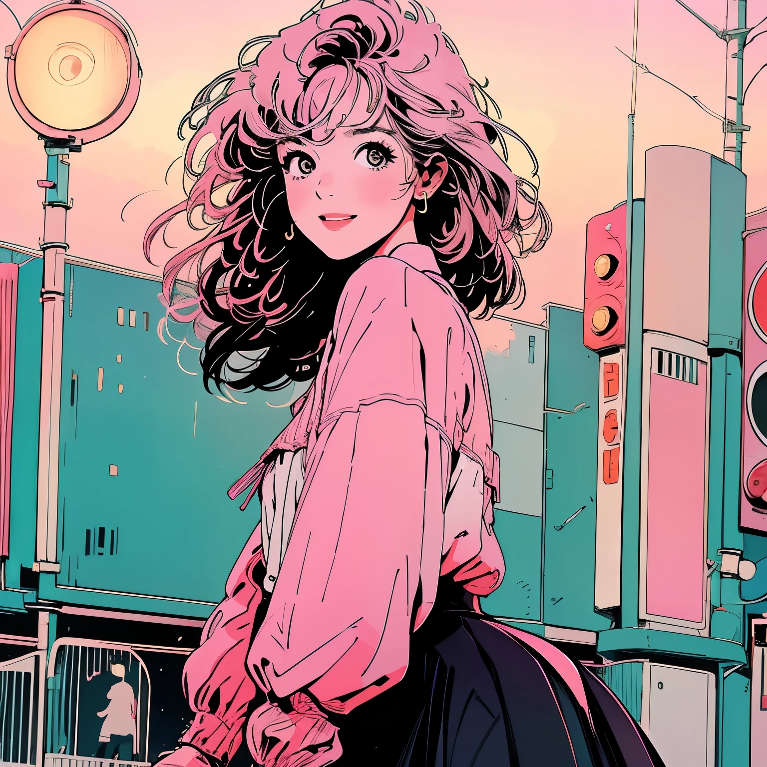 whole body, Upper Body、One beautiful woman, 4k, Warm colors , White blouse、skirt, pedestrian crossing、Signal, 、intersection、Complex background、Medium length pink hair、Detailed Hair、smile