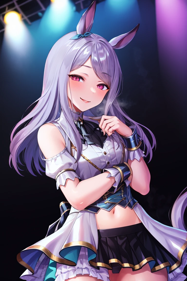 (masterpiece, best quality:1.2), 1girl, solo, NTRGAO, wrong smile, Mejiro McQueen, Mejiro McQueen\(umamusume\), silver hair, long hair, horse ears, horse girl, long hair, glowing eyes, layered skirt, (dark magical girl), corruption, combatant, pelvic curtain, looking at viewer, shiny glossy skin, on stage, concert, spotlight