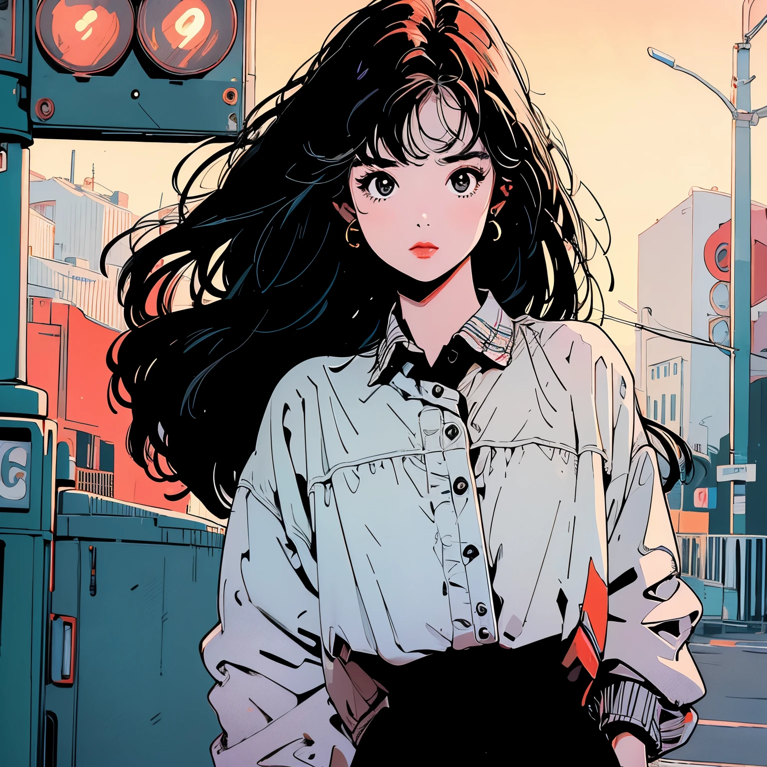 whole body, Upper Body、One beautiful woman, 4k, Warm colors , White blouse、skirt, pedestrian crossing、Signal, 、intersection、Complex background、Black Hair、Detailed Hair