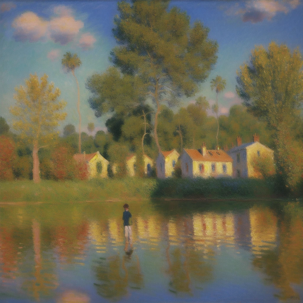 Pinturas impresionistas, Estilo Claude Monet, luz del sol filtrándose a través de un gran árbol, un niño y una niña sentados a la sombra, y un perro, monjes\(Estilo\)