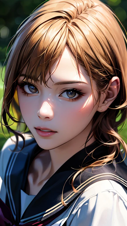 (hig彼st quality、8k、32k、masterpiece)、(Realistic)、(Realistic:1.2)、(High resolution)、Very detailed、Very beautiful face and eyes、1 girl、Delicate body、(hig彼st quality、Attention to detail、Rich skin detail)、(hig彼st quality、8k、Oil paints:1.2)、Very detailed、(Realistic、Realistic:1.37)、Bright colors、Full Body Shot, (high school girl:1.6, Sailor suit), short hair, Blonde Hair