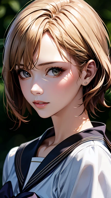 (hig彼st quality、8k、32k、masterpiece)、(Realistic)、(Realistic:1.2)、(High resolution)、Very detailed、Very beautiful face and eyes、1 girl、Delicate body、(hig彼st quality、Attention to detail、Rich skin detail)、(hig彼st quality、8k、Oil paints:1.2)、Very detailed、(Realistic、Realistic:1.37)、Bright colors、Full Body Shot, (high school girl:1.6, Sailor suit), short hair, Blonde Hair