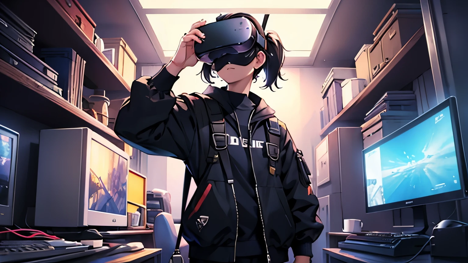 Anime girl in a virtual reality headset in a room - SeaArt AI