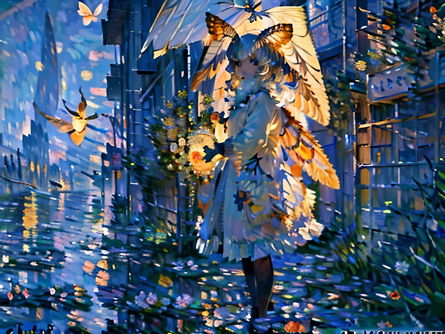 (art by Claude Monet:1.6),Impressionism,leinairisme,solo,1female\(cute,kawaii,age of 12,skin color white,short white hair,(big moth wing hair:1.7),white dress\(beautiful race\),(2moth antennaes at hair:1.8),[moth wing on back:2.0],[moth wing on body:2.0],[moth wings:2.0],[extra arm],moth wing is only at hair,breast,dynamic pose\),background\(night,beautiful moon,beautiful stars,((beautiful street lights))\), BREAK ,quality\(8k,wallpaper of extremely detailed CG unit, ​masterpiece,hight resolution,top-quality,top-quality real texture skin,hyper realisitic,increase the resolution,RAW photos,best qualtiy,highly detailed,the wallpaper,cinematic lighting,ray trace,golden ratio,\),dynamic angle