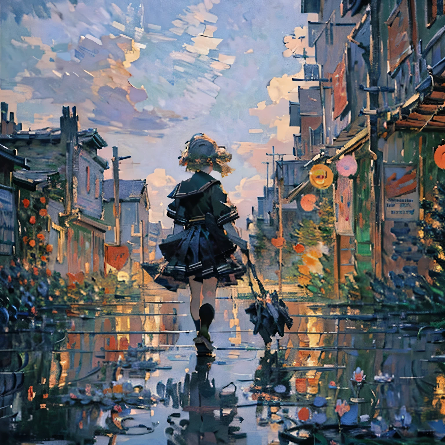 (art by Claude Monet:1.2),Impressionism,leinairisme,quality\(8k,wallpaper of extremely detailed CG unit, ​masterpiece,hight resolution,top-quality,top-quality real texture skin,hyper realisitic,increase the resolution,RAW photos,best qualtiy,highly detailed,the wallpaper,cinematic lighting,ray trace,golden ratio\), BREAK ,solo,1woman\(cute, kawaii,small kid,skin color white,pale skin,smile face,hair floating,hair color blond,short bob hair,eye color cosmic,big eyes,black sailor uniform,walking,view from above:1.8,long shot\),background\(outside,messy slum,view from above,long shot,long view\),(please generate hand correctry when generating hand)