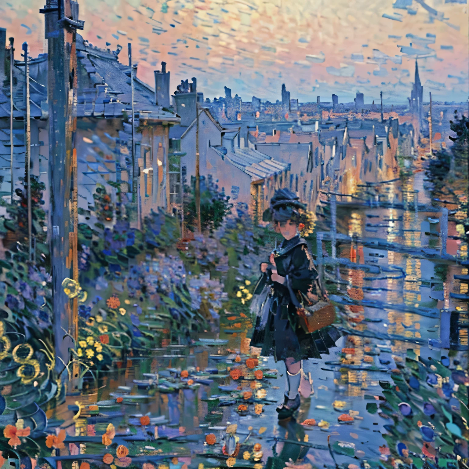 (art by Claude Monet:1.3),Impressionism,leinairisme,quality\(8k,wallpaper of extremely detailed CG unit, ​masterpiece,hight resolution,top-quality,top-quality real texture skin,hyper realisitic,increase the resolution,RAW photos,best qualtiy,highly detailed,the wallpaper,cinematic lighting,ray trace,golden ratio\), BREAK ,solo,1woman\(cute, kawaii,small kid,skin color white,pale skin,smile face,hair floating,hair color blond,short bob hair,eye color cosmic,big eyes,black sailor uniform,walking,view from above:1.8,long shot\),background\(outside,messy slum,view from above,long shot,long view\),(please generate hand correctry when generating hand)