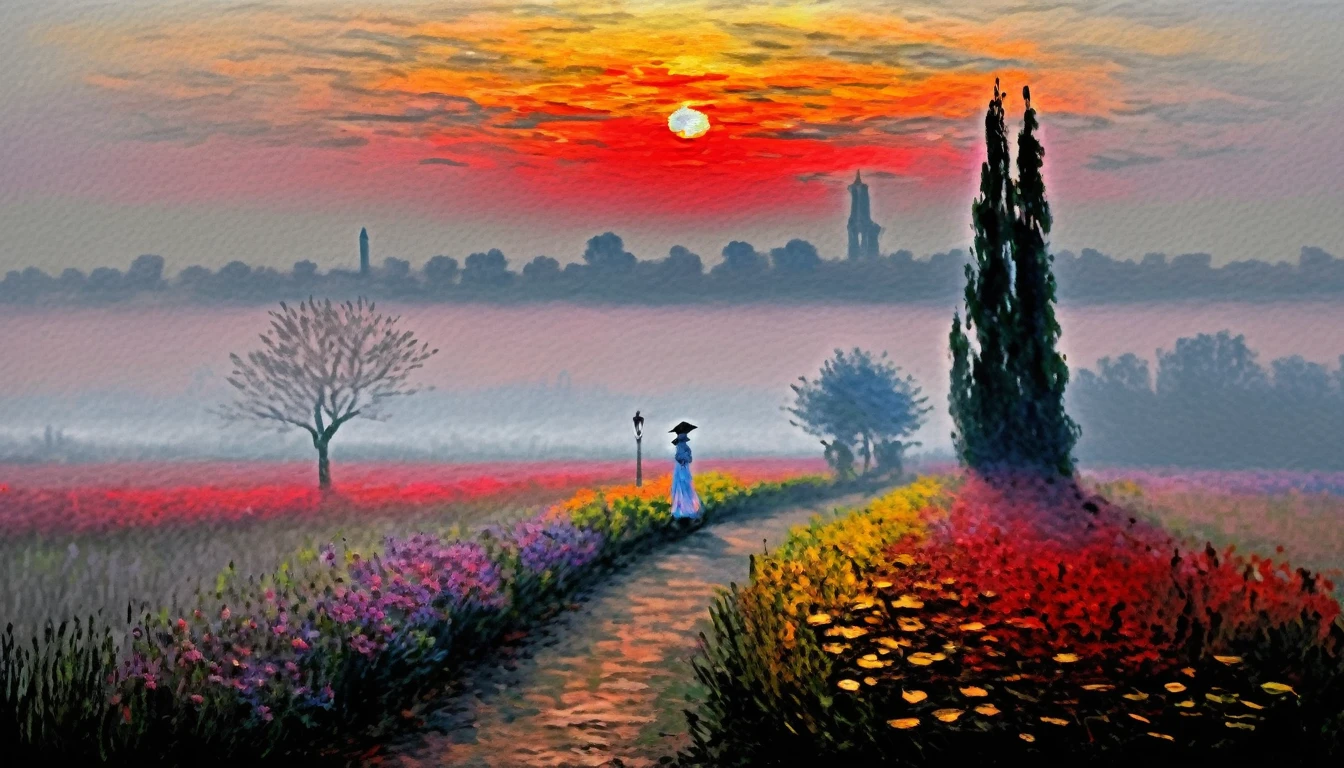 [[(fog earl morgen : young beauty flored garden , away dark time tower on gray fog, crimson shadow)((Claude Monet style!!!))])):20]/[background: landscape Renaissance, impressionism and expressionism, old canva, (silver fog sunset), ((landscape style Claude Monet:1,6))]/[very colorful,((oil painting palette knife))((masterpiece)),((highest detail))]]