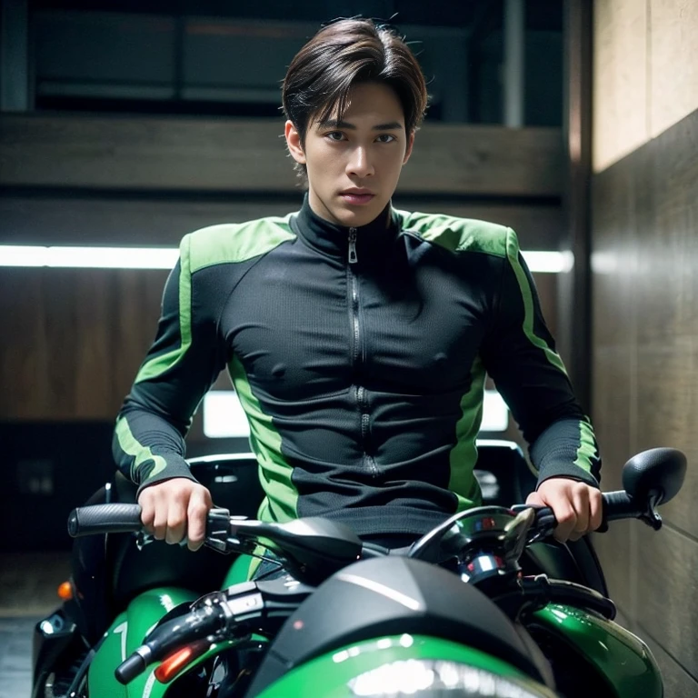 Highest image quality, outstanding details, ultra-high resolution, (realism: 1.4), the best illustration, favor details, highly condensed 1boy, with a delicate and handsome face, dressed in a black and green sexy mecha,holding a directional controller, riding on a motorcycle, the background is a high-tech lighting scene of the future city. ,(( full length shot(fls) )), wide pelvis , wide hips , bare thighs , (handsome face ) ,  , sexy , nsfw , eroticism , micro thongs , crotch, thick thighs