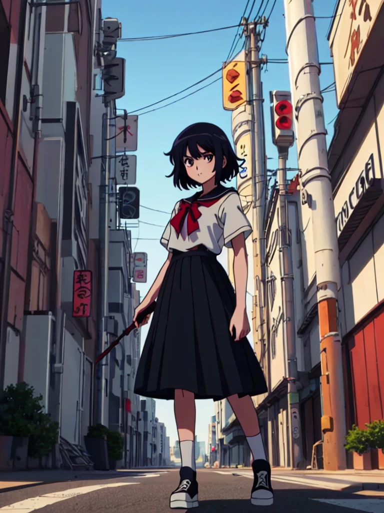 (perfect composition),anime character Sukeban delinquent girl  standing on a city street corner in black seifuku with black very long skirt, anime style. 8k, anime style mixed with fujifilm, retro anime girl, anime styled digital art, in tokyo, anime style illustration, anime style 4 k, anime style artwork, anime poster film still portrait, tokyo anime scene, modern anime style, anime style digital art, short hair, 26year old, red converse,