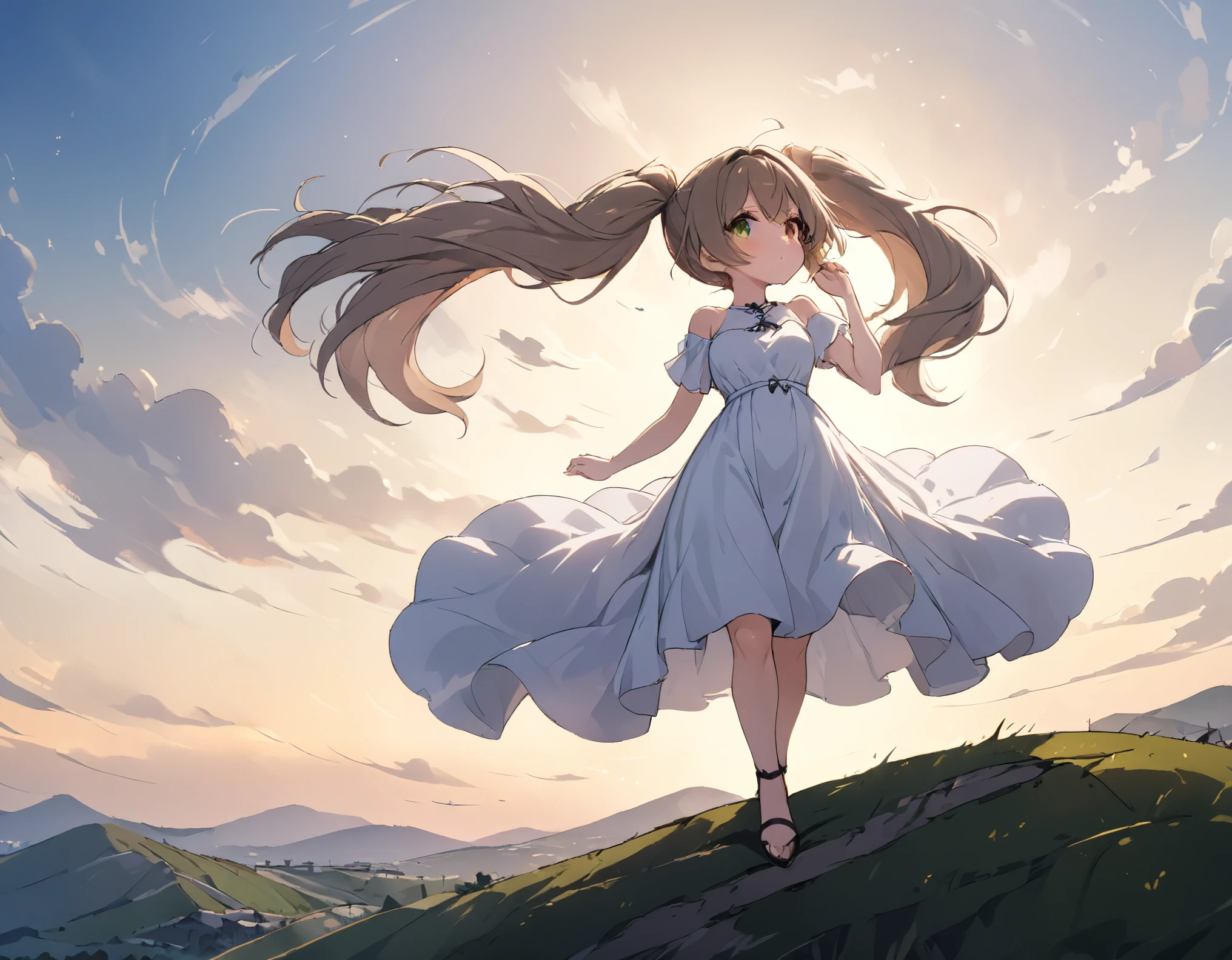 (((masterpiece, highest quality,8k))),Twin tails,Brown Hair,short hair,tareme:1.6,(heterochromia green eye yellow eye),(looking away),(full body),( wide shot),shoot from below,White dress,long dress,Hair blowing in the wind,Standing on a windy hill,((hand in own hair))