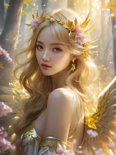 a woman with a flower crown and wings in a golden forest, of beautiful angel, fantasy art style, beautiful angel, of an beautifu...